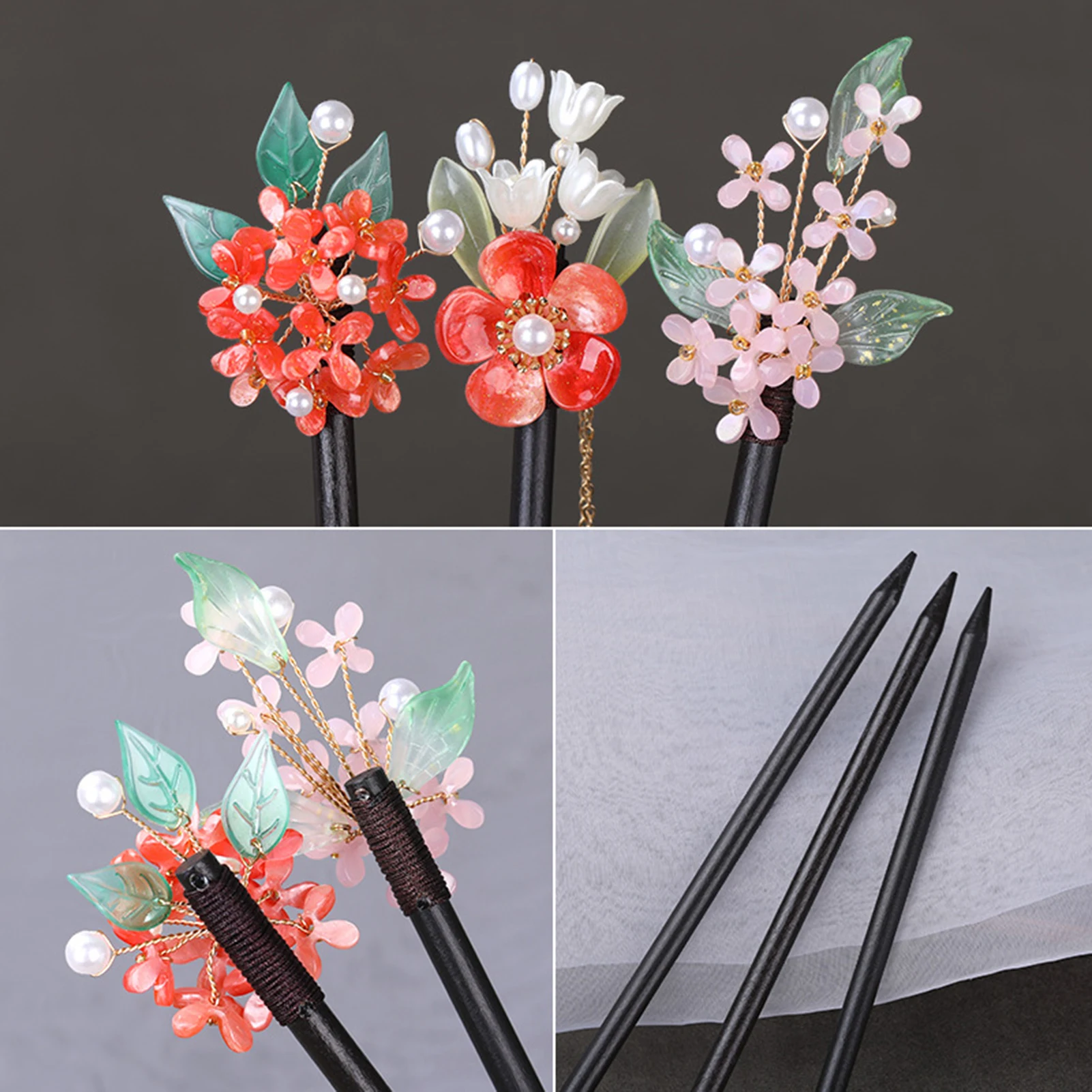 Hair Pin Chignon Pin Chopsticks Woman Sweet Sunset Red Flower Bun Holder for Hair DIY Accessory Hair Styling