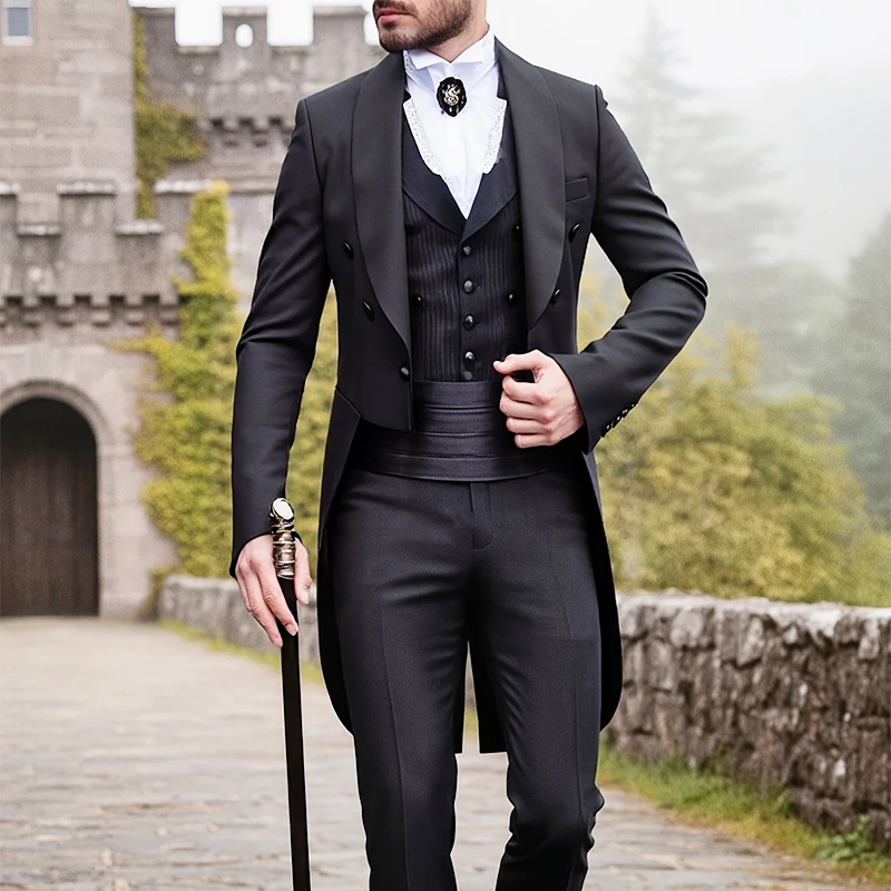 Men's Suit Men's Elegant Steampunk Victorian Tailcoat Gothic Suit Blazer Groomsmen Groom Jacket Parties Pirate Cosplay Long Coat