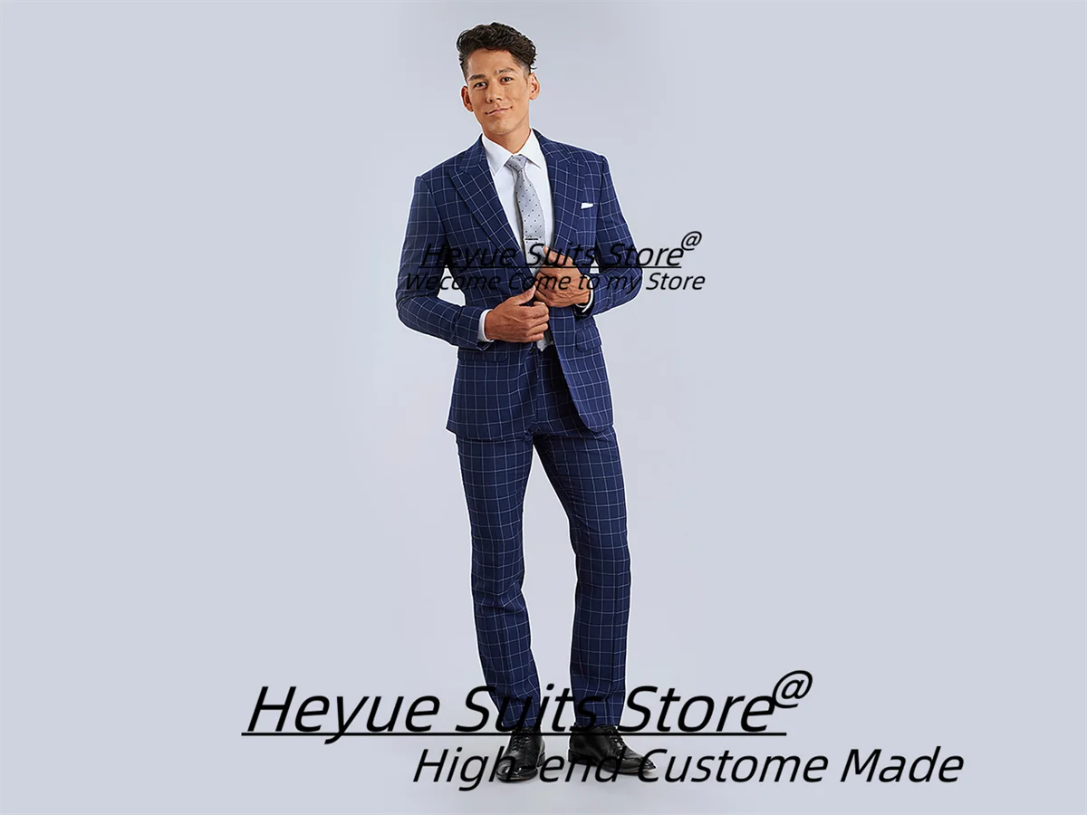 

Office Work Plaid men Suits Customized Slim Fit Peak Lapel Groom Wedding Tuxedos 2 Pieces Sets Male party Blazers Ropa Hombre