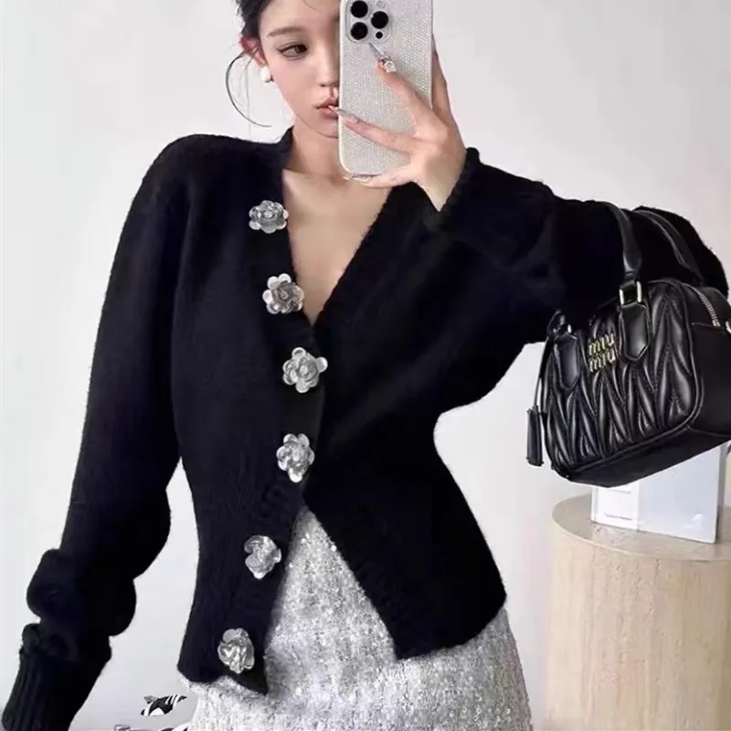 Black Knitted Cardigan with Rose Decoration Button Korean Fashion V-neck Slimming Waist Long Sleeve Soft Sweater Women Outwear