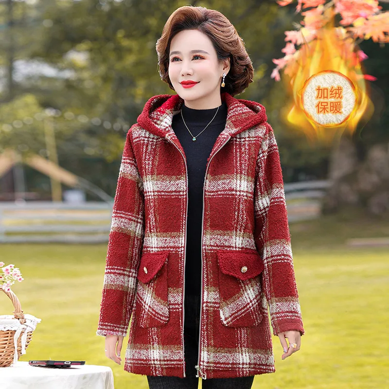 

2023 Mother Winter Women Plaid Fleece Plus Velvet Cotton Jacket Coat 5xl Overcoat Hooded Female Thick Outerwear