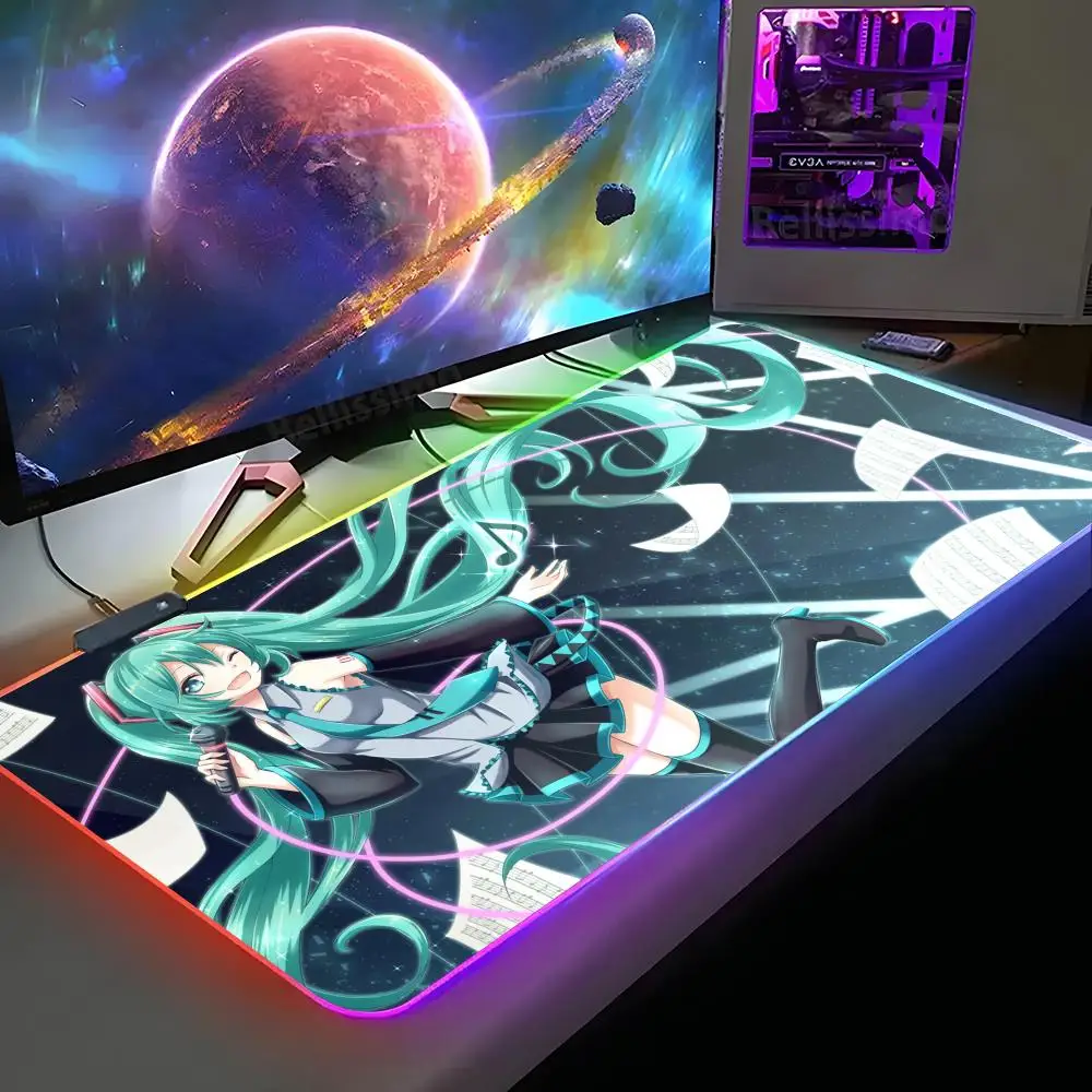 H-Hatsunes Anime M-Miku Mouse Pad XXL RGB Gaming Mouse Pad HD Gamer Accessories Large LED Light MousePads PC Carpet With Backlit