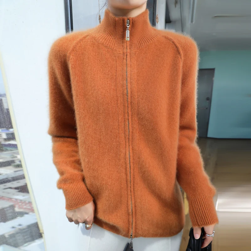 2024 autumn and winter hooded cardigan women\'s cashmere cardigan knitted cardigan top loose sweater zipper cardigan top