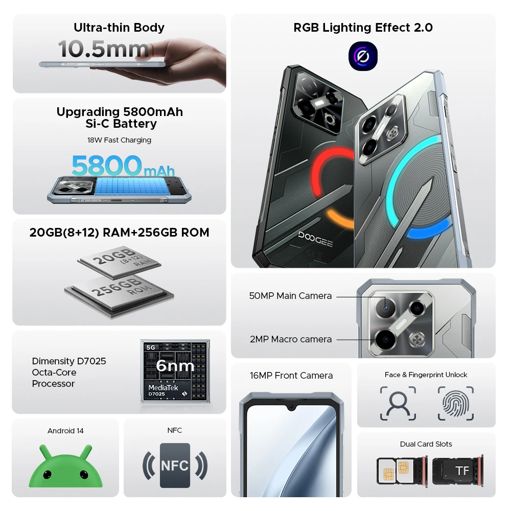Global Version DOOGEE Blade GT Play Rugged Phone 8GB 256GB 6.72” FHD+ 120Hz LED Light Effect Dimensity 7025 50MP AI Camera NFC