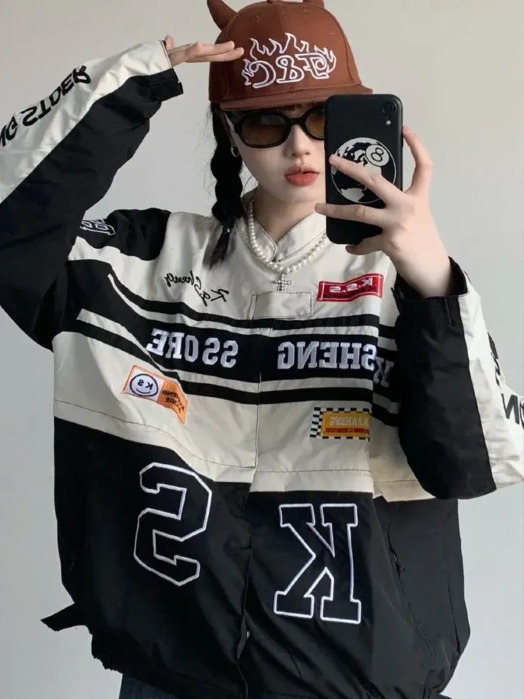 American retro baseball suit motorcycle set jackets for women vintage detachable streetwear harajuku racing suit winter clothes