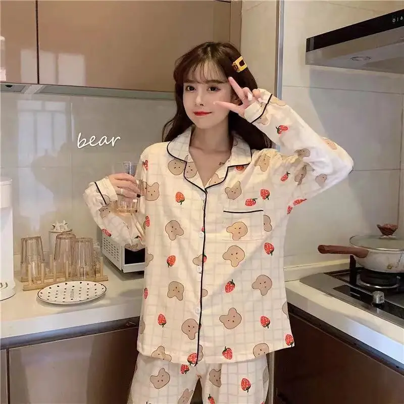 Women\'s Spring 2 Pcs Pajamas Set Female Cute Cartoon Home Suit Autumn Comfortable Plaid Print Long Sleeves Tops Pants Loungewear