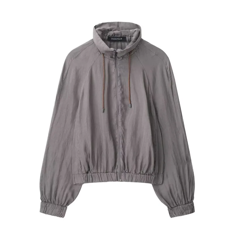 

Women Flowy Bomber Jacket With Zipper Casual High Collar Women's Jacket with Drawstrings Autumn Pocket Female Chic Jackets