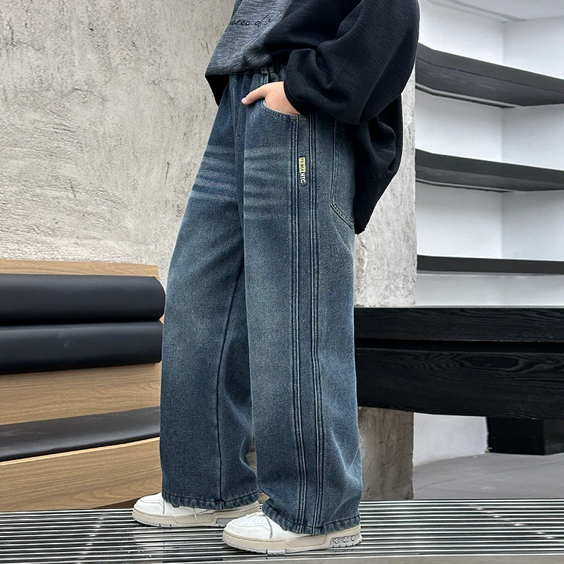 Autumn Children's Retro Jeans Loose Straight Pants Wide Leg Pants for Boys and Girls New Spring Kid's Denim Pocket Trousers
