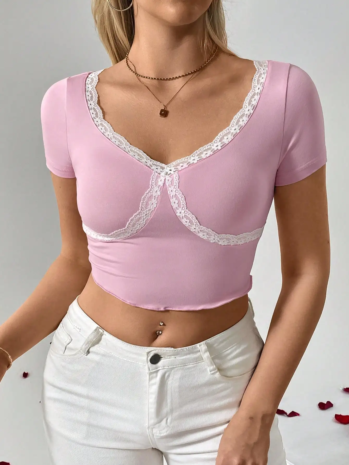 Lace Stitching V-neck Low Cut Carefully Machine Short Sleeve T-shirt Slim Short Base Top Spring and Summer Womens Wear