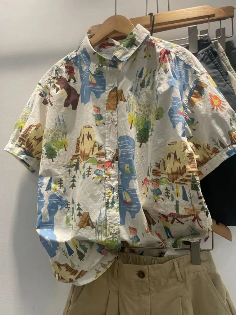 

Хлопковая рубашка с коротким рукавом и принтом, женская повседневная свободная летняя рубашка, модный топ с воротником-стойкой высокого качества