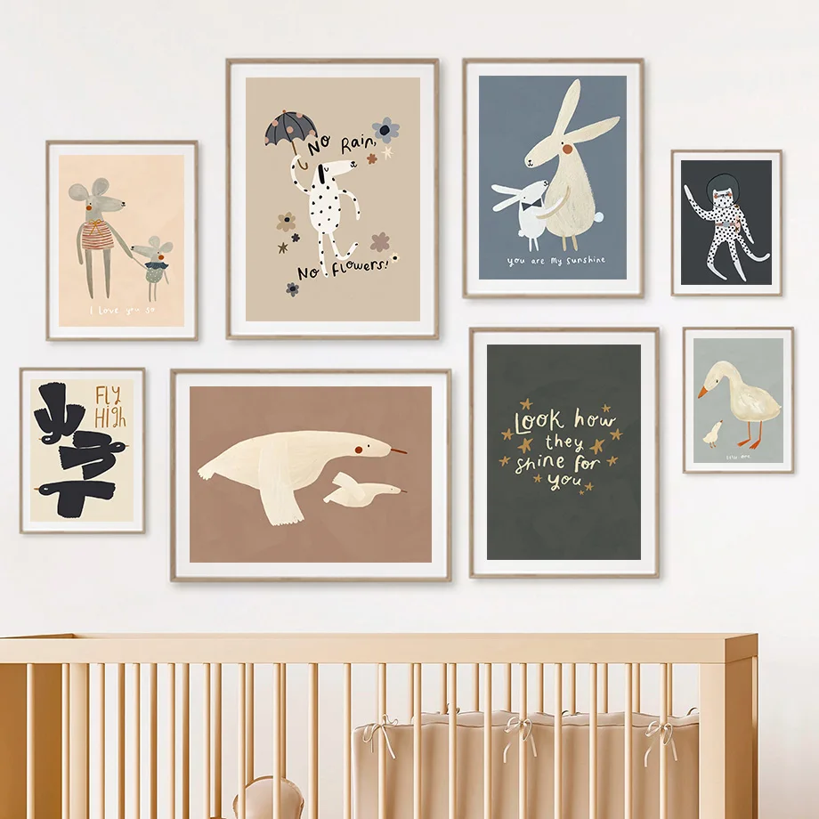 Toile d'art mural avec lapin, oiseau, oies, léopard, chien, pépinière, affiches et imprimés nordiques, images murales, décor de chambre d'enfant et de bébé