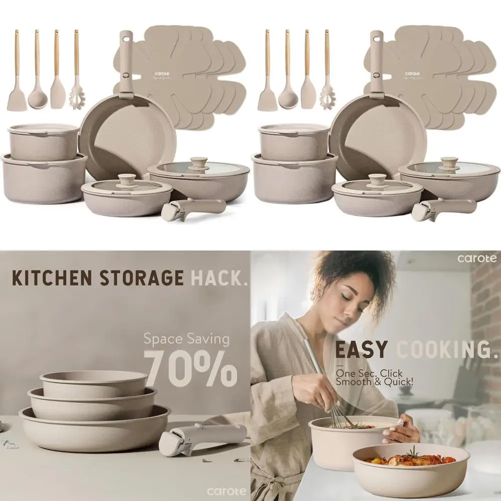 

19-Piece Non-Stick Detachable Handle Cookware Set, Induction Compatible, Oven Safe, Taupe for RV Kitchen
