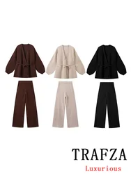 TRAFZA Vintage Casual Chic Damski garnitur z dzianiny Solidny dekolt w szpic Długi rękaw Sznurowane kurtki Luźne długie spodnie Moda 2024 Jesienne zestawy