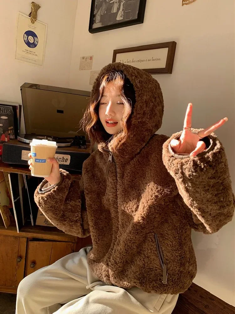 

Winter Thick Warm Brown Basic Zipper Bear Coat Outerwear Hooded Lamb Wool Jacket Cropped Overcoat for Women's
