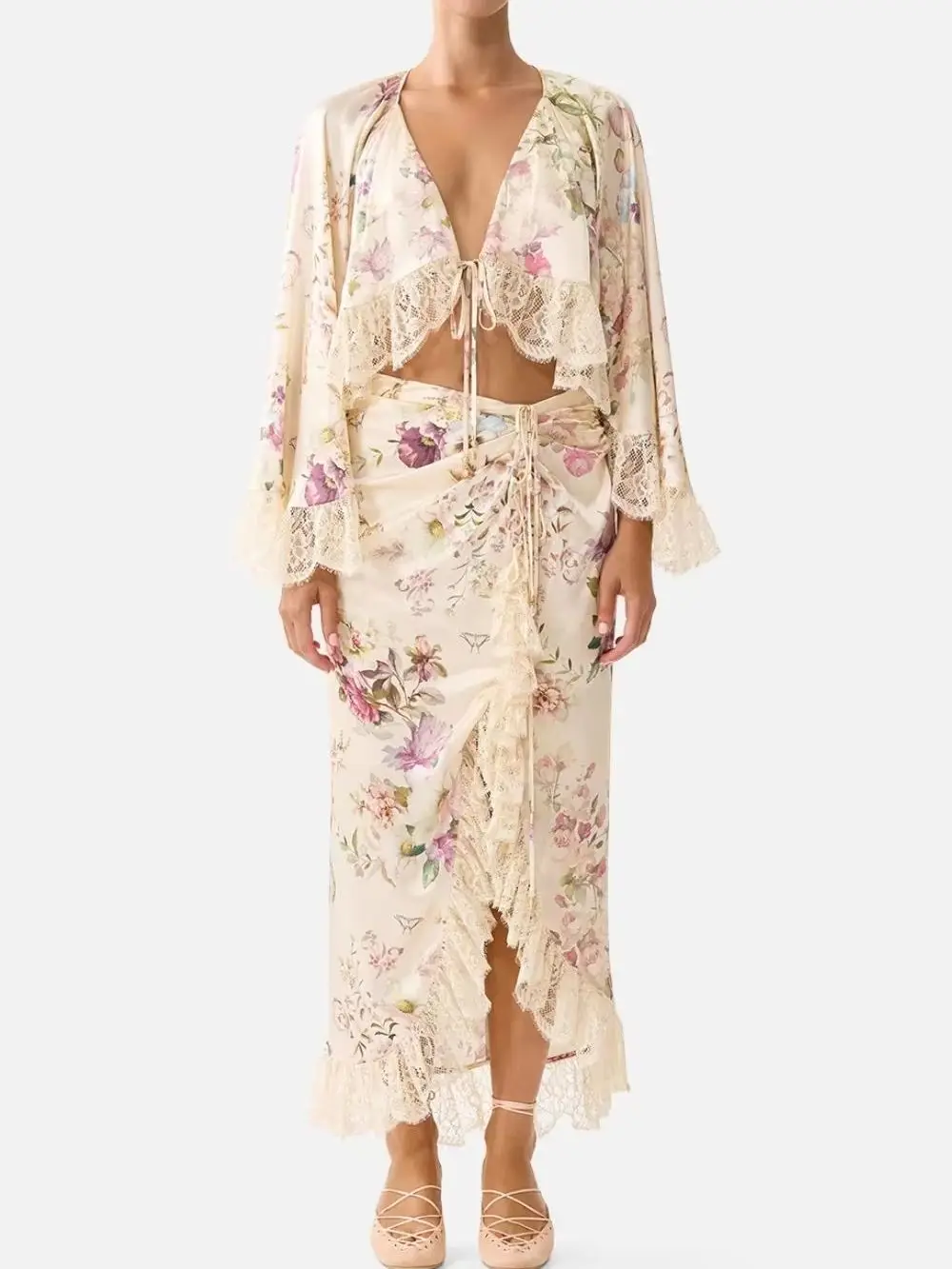 

Floral Print Women Lace Spliced Silk Set Side Slit High Waist Long Skirt + Flare Sleeve V-Neck Tops Fashion Female Suit