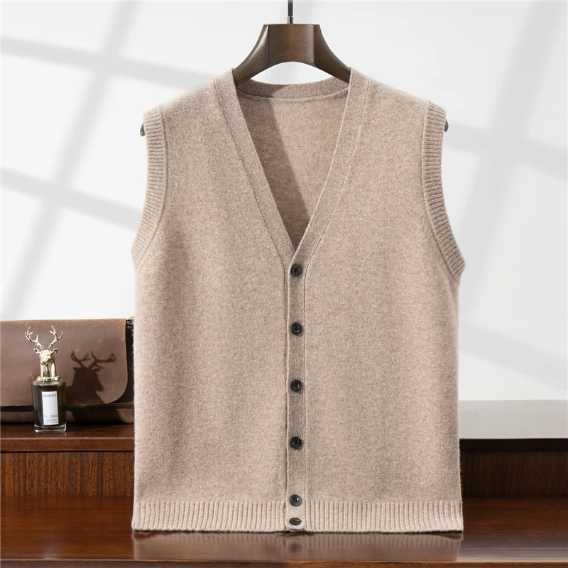 

V-Neck Seven-Stitch Double-Ply Thickened Knitted 100% Pure Wool Men's Vest Cardigan Casual Sleeveless Waistcoat Buttoned Vest