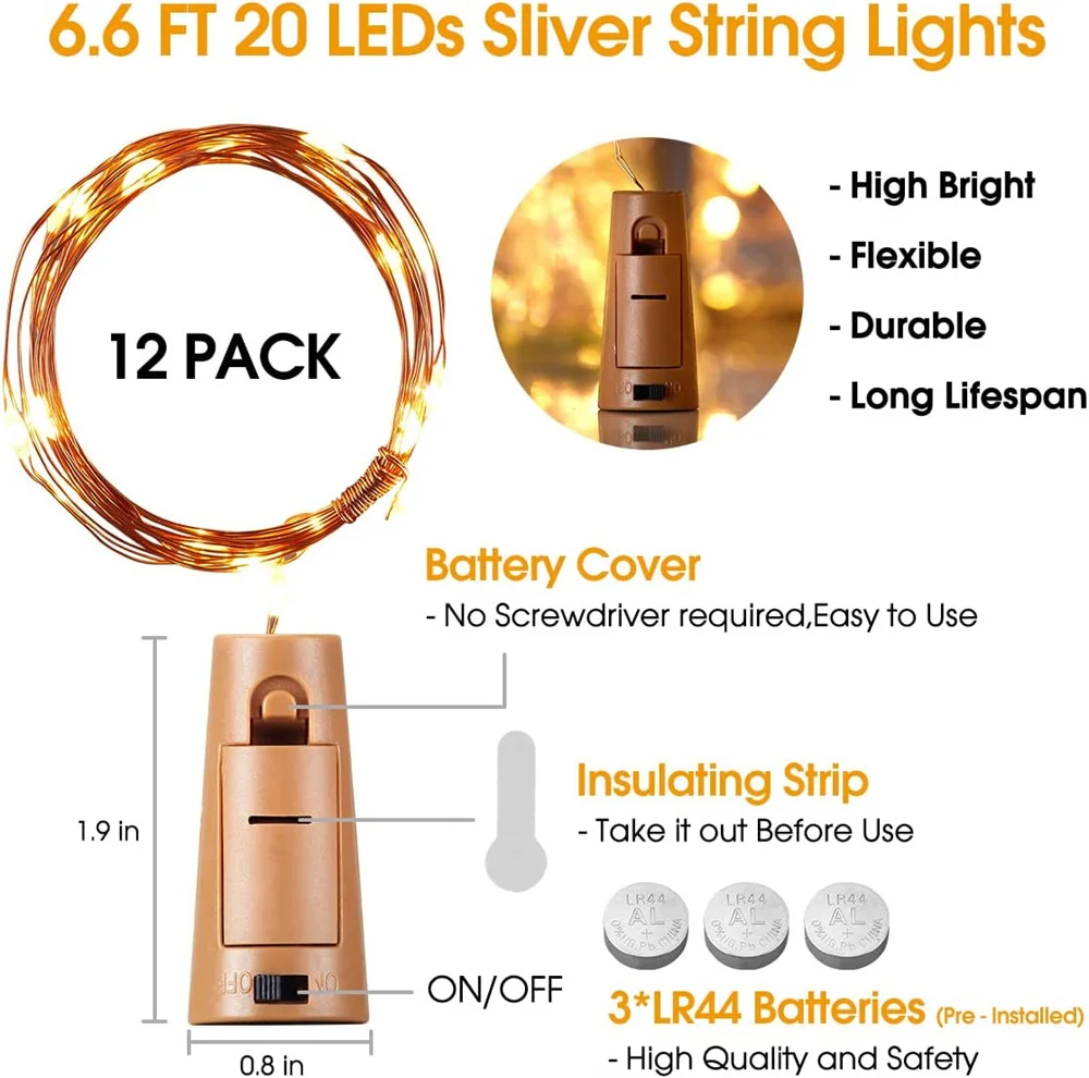 20 LED 10 Packs Wine Bottle Lights Copper Wire Fairy String Light Warm White Bottle Stopper Atmosphere Lamp for Xmas Holiday