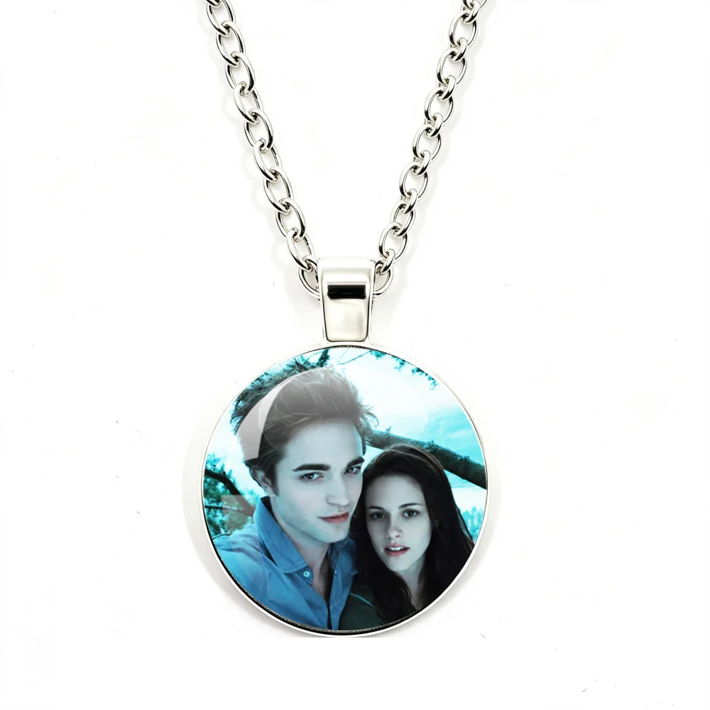 Bella Edward Necklace Classic Movie Twilight Glass Cabochon Round Pendant Necklace Movie Character Jewelry Fans Collection Gifts