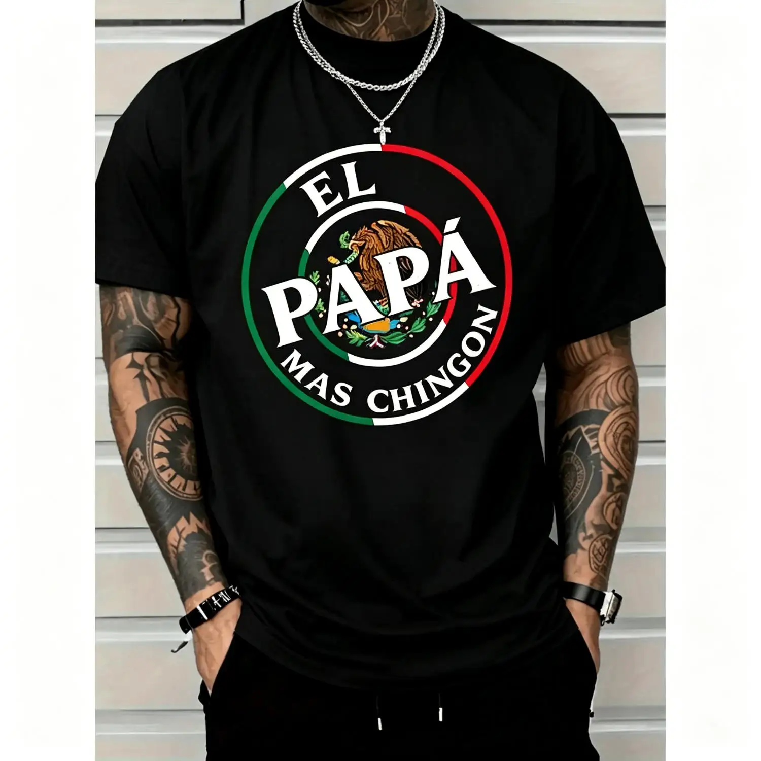 Father's Day El Papa Mas Chingon Funny Mexican Dad Premium T-shirt Funny men short sleeve graphic T-shirt series black huggy
