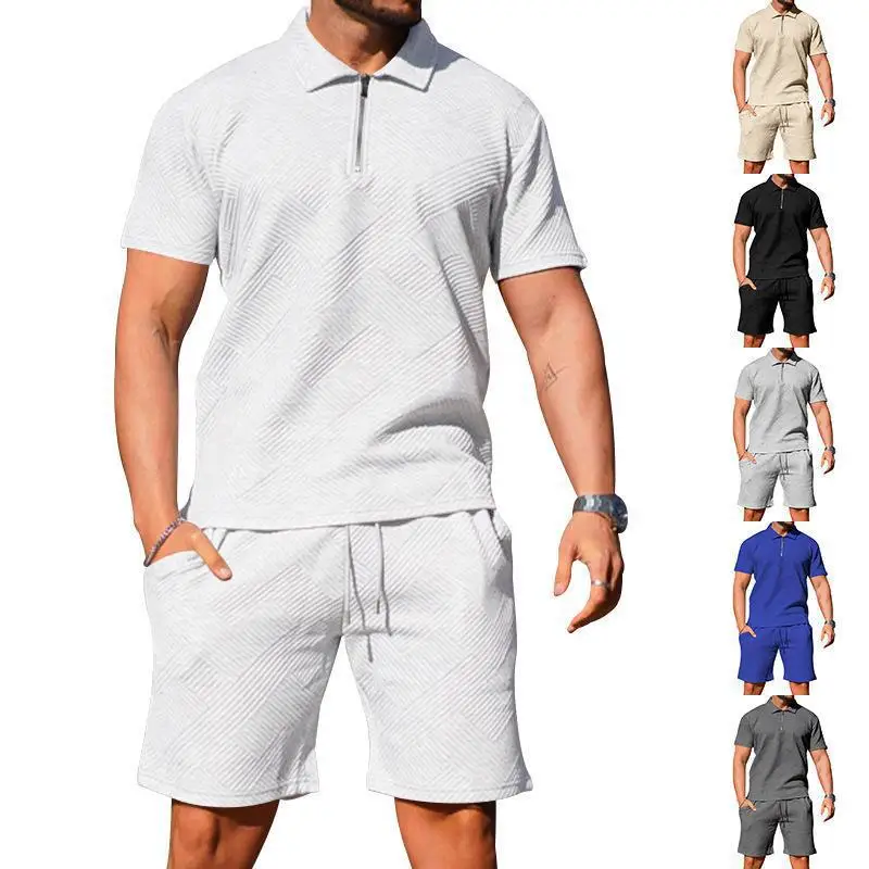 

Men Sets Polo Turn Down Collar Shirt Pullover Shirts Two Pieces Knee Length Drawstring Pants Sports Casual Pockets Summer New