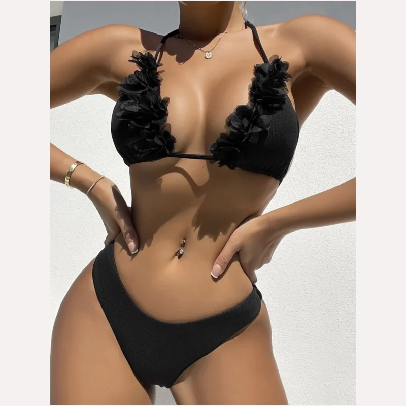 

Sexy Bikini Push Up Women Swimsuit Female Sexy Black Floral Small Pit Clause Solid Color Swimwear Bathing Suit Swimming Suit
