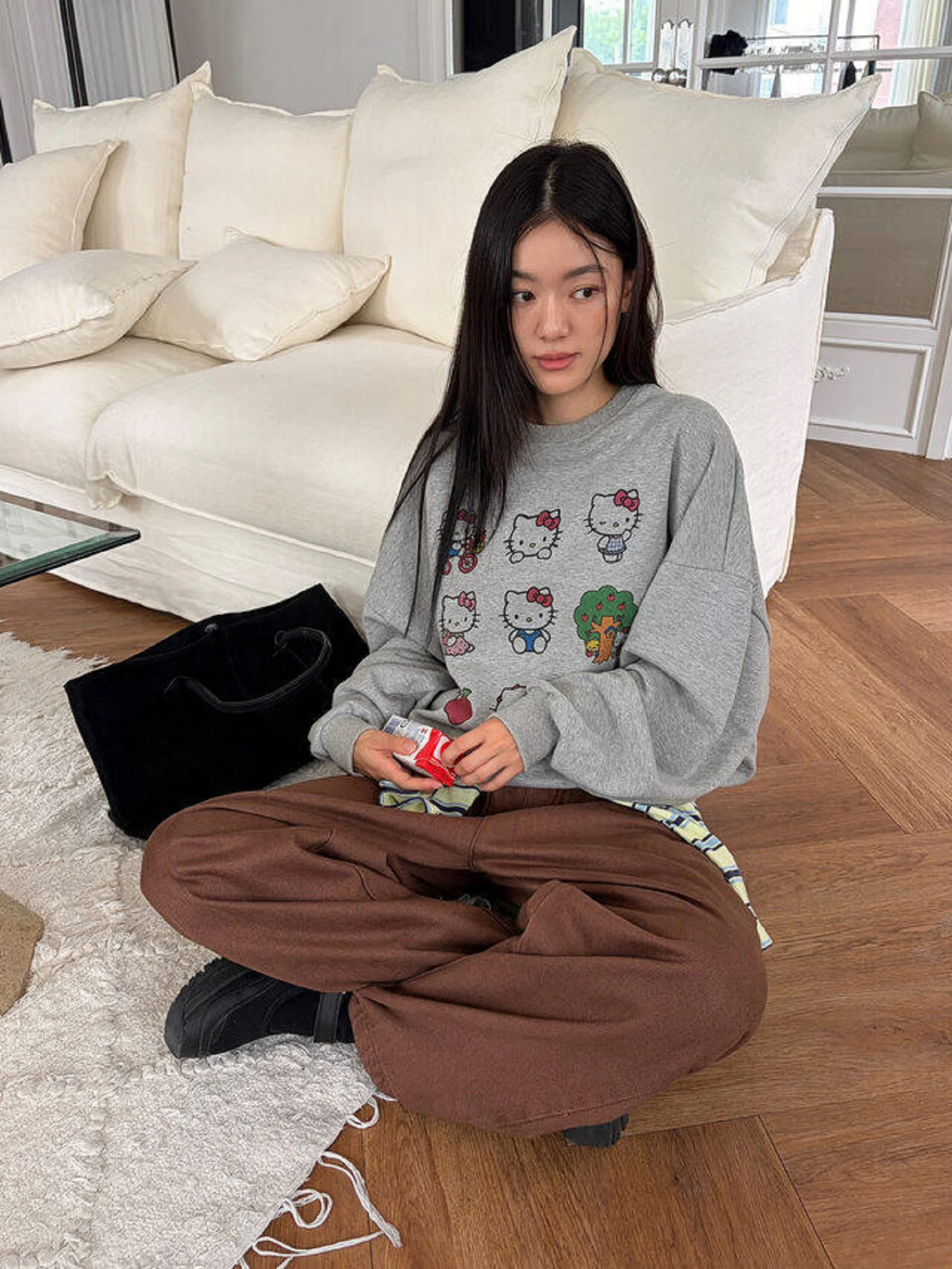 

Удобный хлопковый свитшот с круглым вырезом, корейский стиль, с принтом, повседневный, свободного кроя, из чистого хлопка, мягчайший худи, женский топ