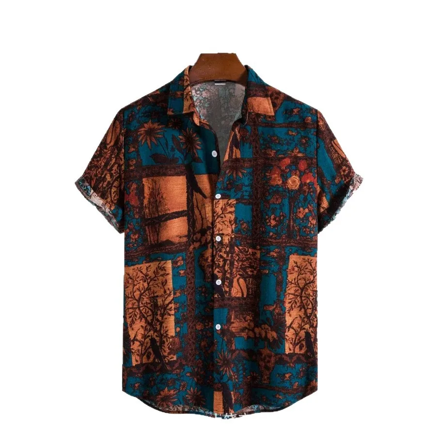 Vintage Vintage Shirt in Vintage Earth Color Niche Forest Style Oil Painting Men's Beach Short Sleeved Shirt