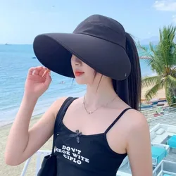 Women's Summer Sun Hat Wide Brim UV Protection Caps Solar Beach Bucket Hats Foldable Ponytail Travel Panama Caps