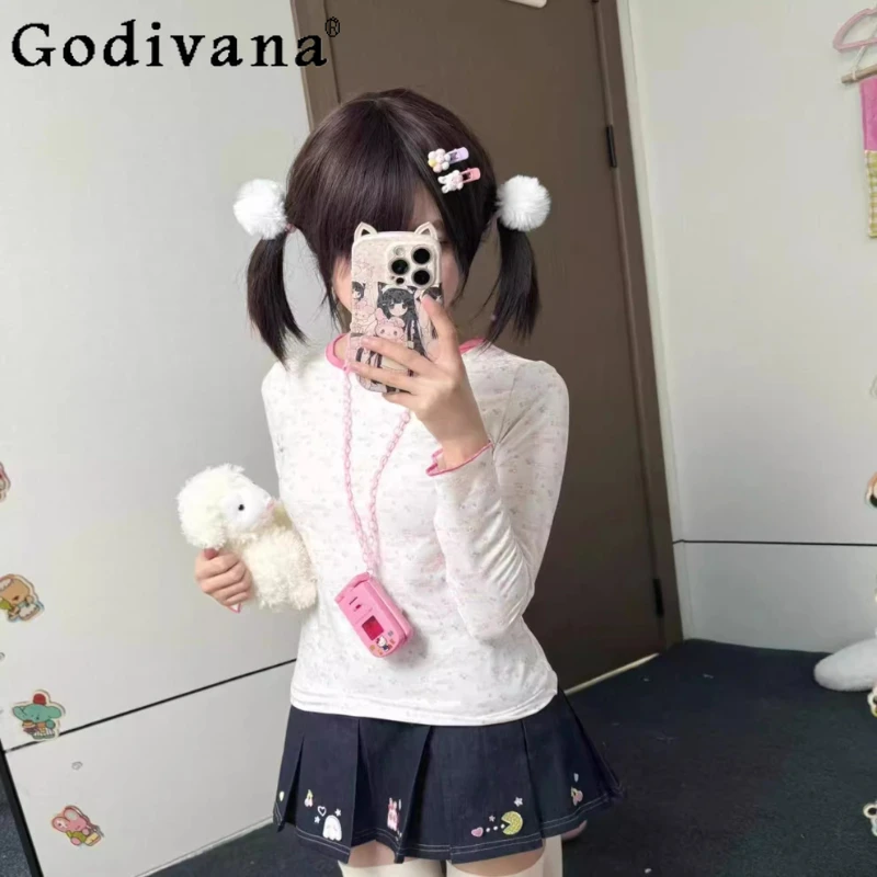 الأصلي اليابانية لينة الفتيات Kawaii تي شيرت ربيع الخريف جديد المرأة سليم صالح الجولة الرقبة الكرتون طباعة Y2K ملابس ابنة #1