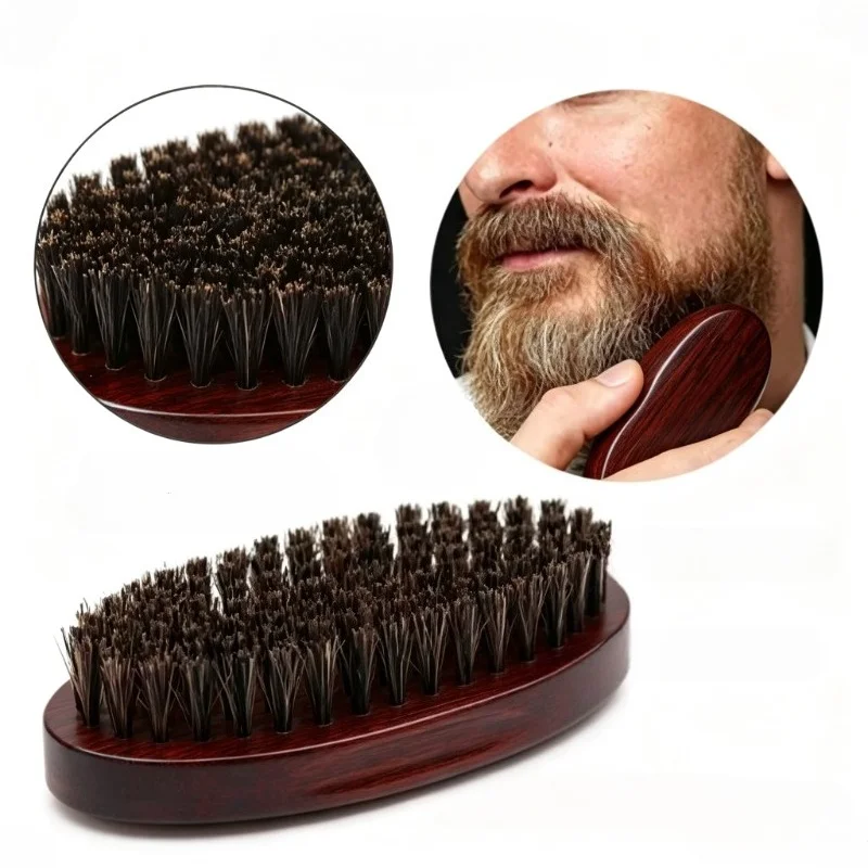 Men's Beard Care Brush Handheld Oval-shaped Facial Brush Premium Dark Retro Beard Brush Boar Bristle Old-Styled Hair Comb