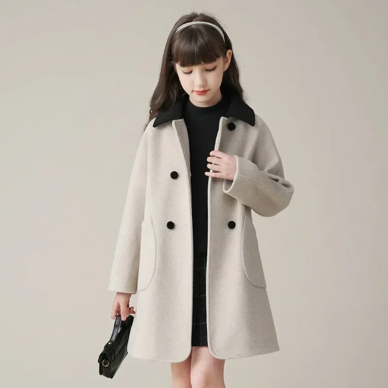 Girls Woolen Coat Overcoat Jacket Windbreak 2024 Beige Warm Plus Thicken Winter Cotton Teenagers Gift Children\'s Clothing