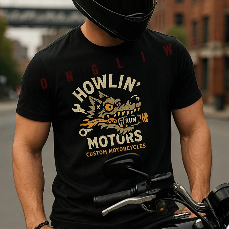 

Howlin Motors Motorcycle Customs.png T Shirt Summer Creative Short Sleeved Casual Tee Men Women Streetwear Loose T-shirt