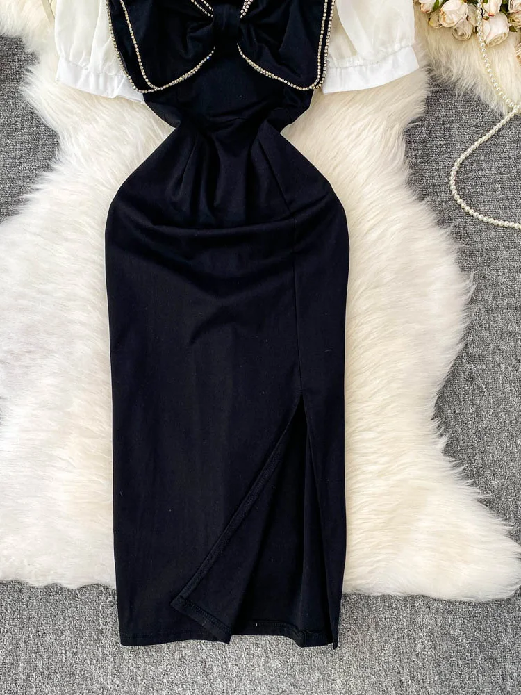 Frühling Sommer 2025, hohe Taille, Knoten, quadratischer Kragen, Spleiß, schlankmachend, figurbetont, Dr. Damen Faion, vielseitig, Pendeln