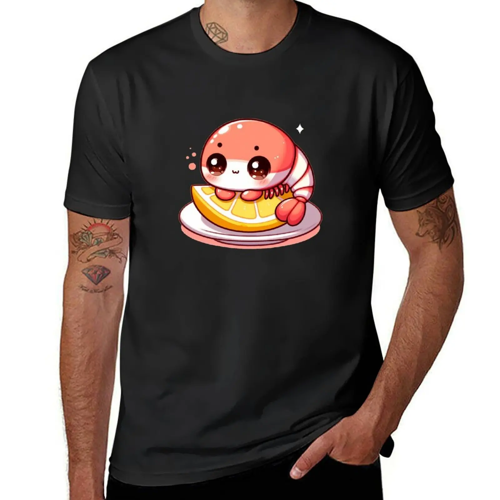 Foodie Chibi Series - Shrimp Chan 002 T-Shirt blacks vintage clothes for men