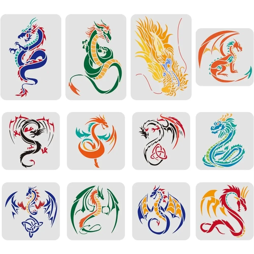 

12 Pcs Dragon Stencils Drawing Painting Templates Sets Plastic Flying Dragon Drawing Painting Stencils Dragon Template Sets