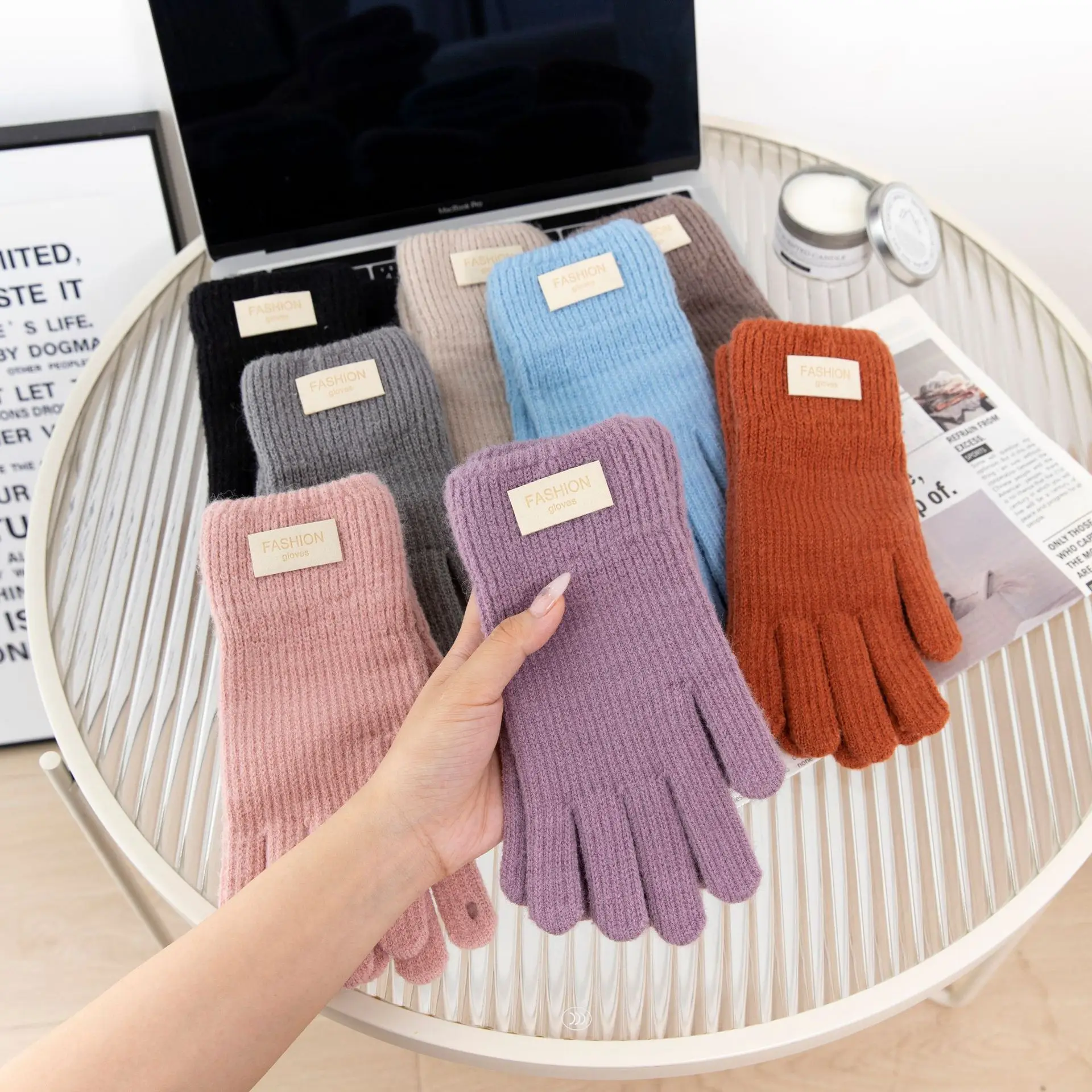Winter Simple Thickened Warm Gloves For Women Students Cloth Label Knitted Touch Screen Gloves Girls Outdoor Skiing Gloves New