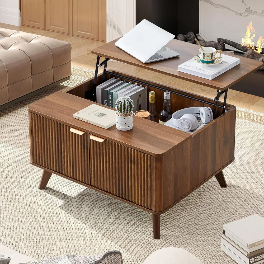 Fluted Lift Top Coffee Table with Large Hidden Compartment, 31.5” Wooden Center Table with Storage, Mid Century Modern Lift Tabl