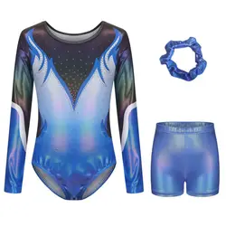 Kids Girls Gymnastics Leotard Ballet Dance Bodysuits With Shorts And Hairband Set Workout Figure Skating Long Sleeve Outfits