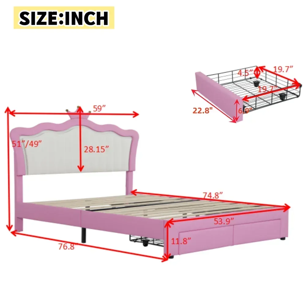 Groot gestoffeerd bedframe met LED-verlichting, modern gestoffeerd prinsessenbed met kroonhoofdeinde, 2 lades, roze stapelbed voor kinderen