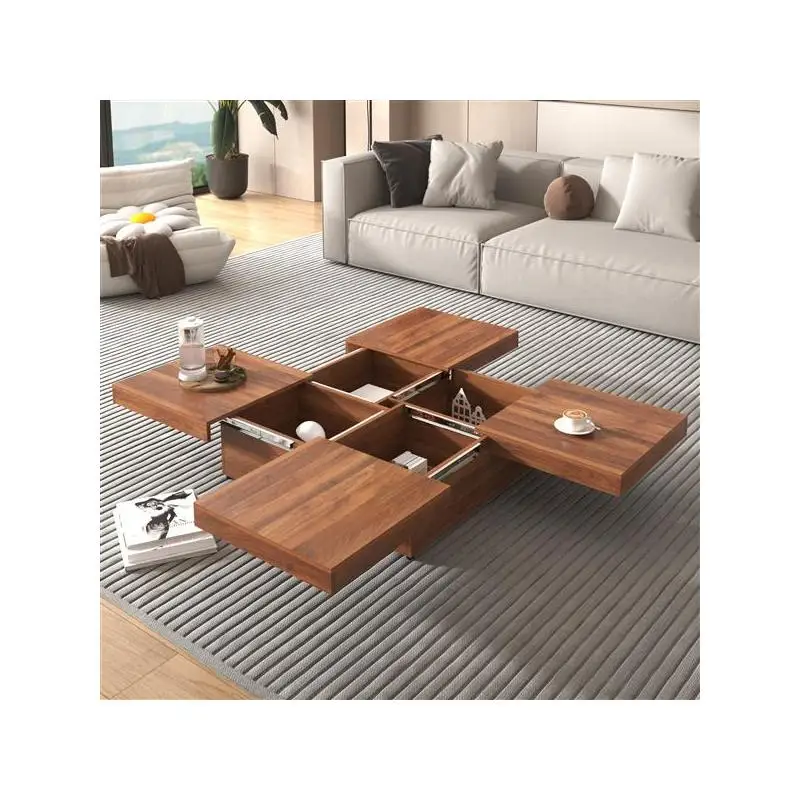 طاولة قهوة مربعة الشكل من الرخام مع سطح منزلق وتخزين بالجوز 39.4