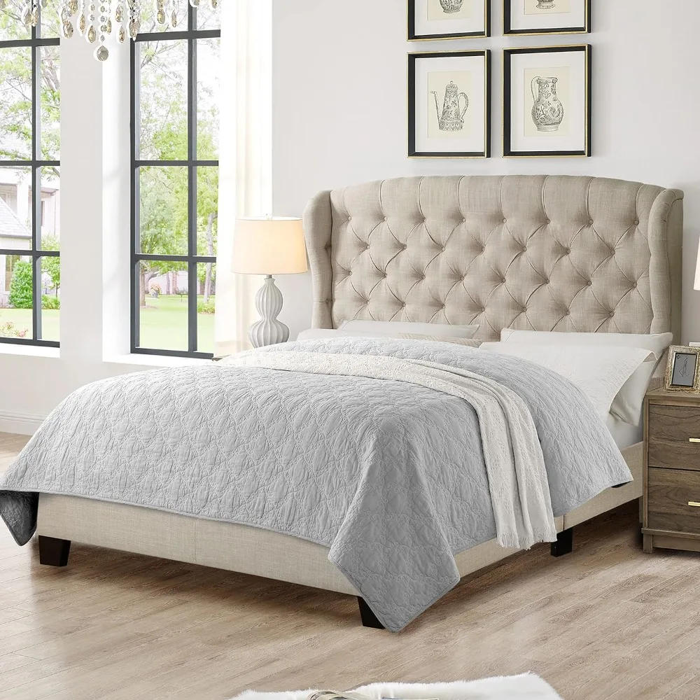 

King Size Bed Frame with Signature Design Adjustable Headboard and Button Tufting, Bed Frame