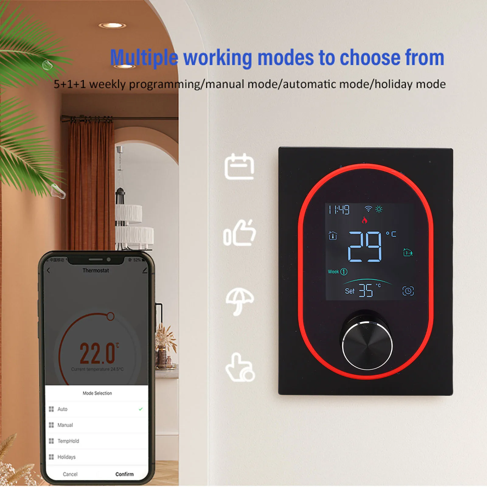 ترموستات شاشة عرض LED نوع مفتاح سعوي أسبوعي قابل للبرمجة وحدة تحكم ذكية في درجة الحرارة للاستخدام المنزلي