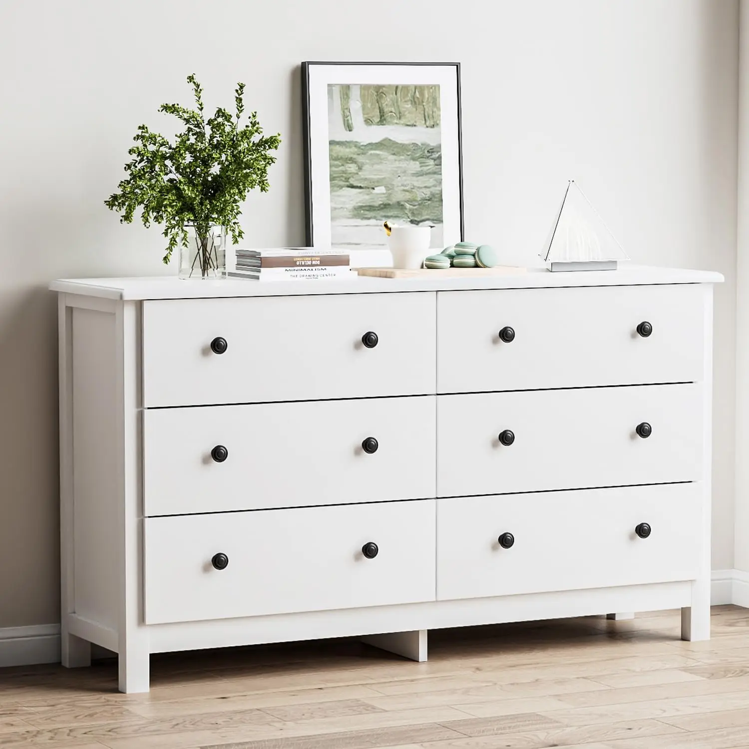 Modern 6 Drawer Double Dresser for Bedroom with Black Knobs, Adults & Kids Wide Dressers & Chests of Drawers for Hallway, Entryw