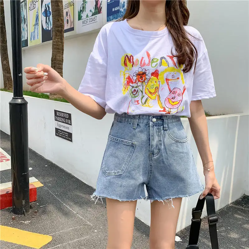 High Waist Wide Leg Jeans Shorts Women's Summer Fashion Blue Frayed Hem Denim Shorts Casual Style Loose Design Sensation