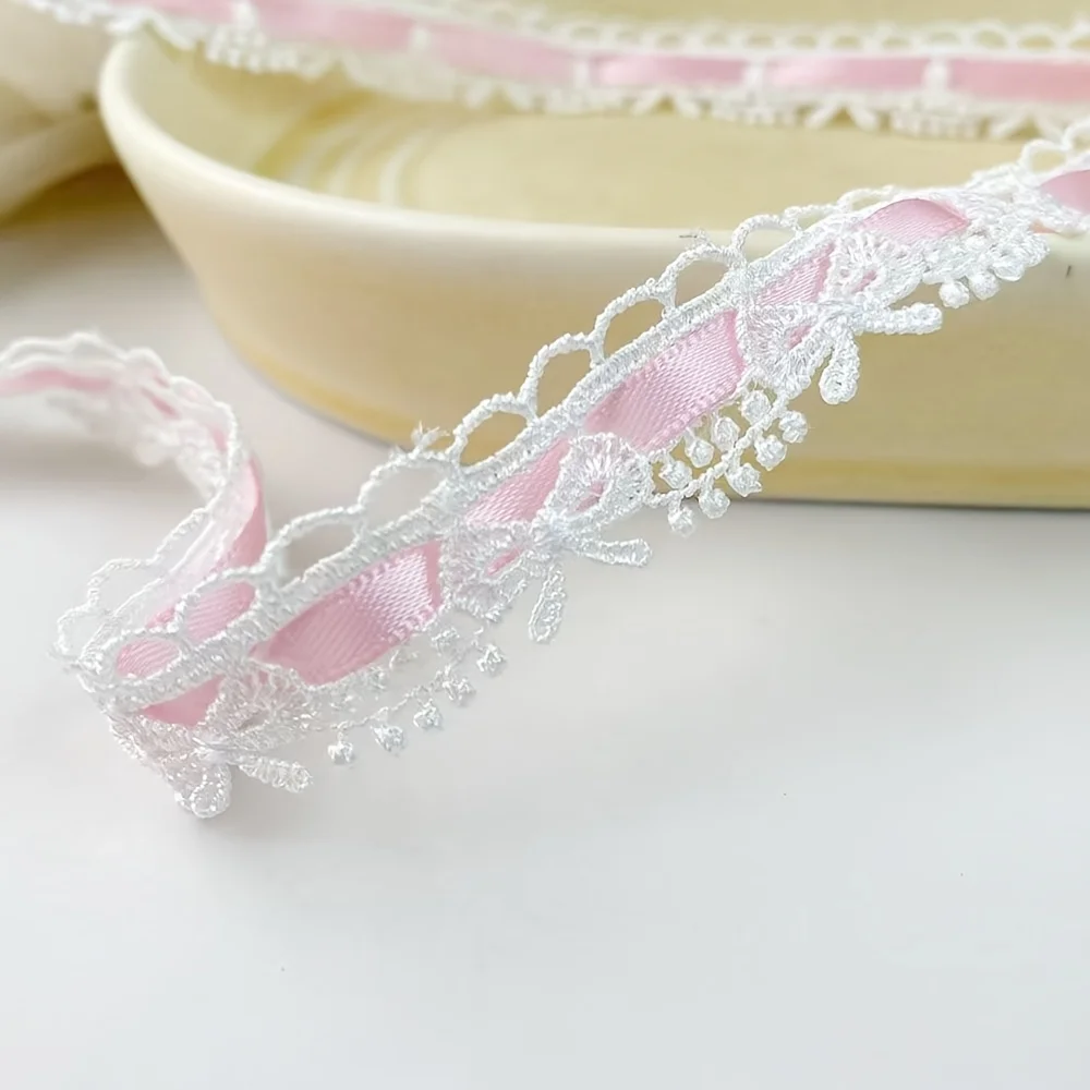 1 Yard X 1.8cm Pink & White Floral Bow Ribbon Lace Trim - Ideal for DIY Crafts,Sewing Edges & Decorative Accessories