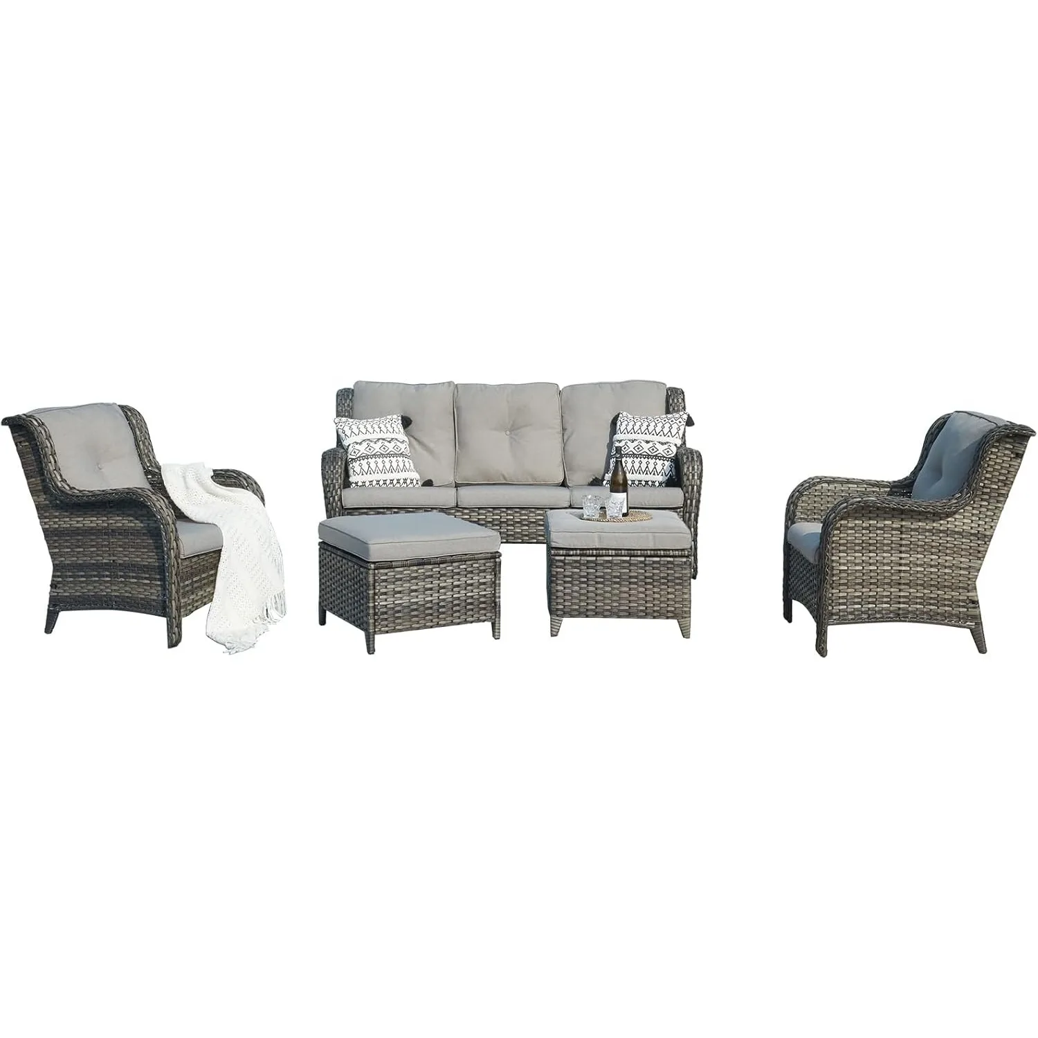 

Outdoor Patio Wicker Furniture Set - 5 Piece Patio Rattan Sectional Sofa Set w/ 3-Seat Couch,2 Armchairs,2 Ottoman Footrests