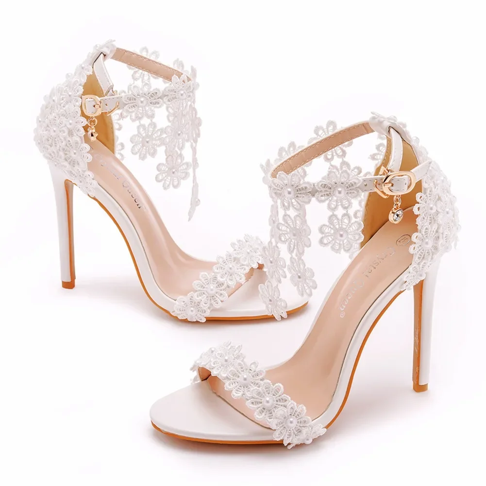 Foreign trade tassel sandals with white buckle and fish mouth Roman sandals with white lace high-heeled sandals