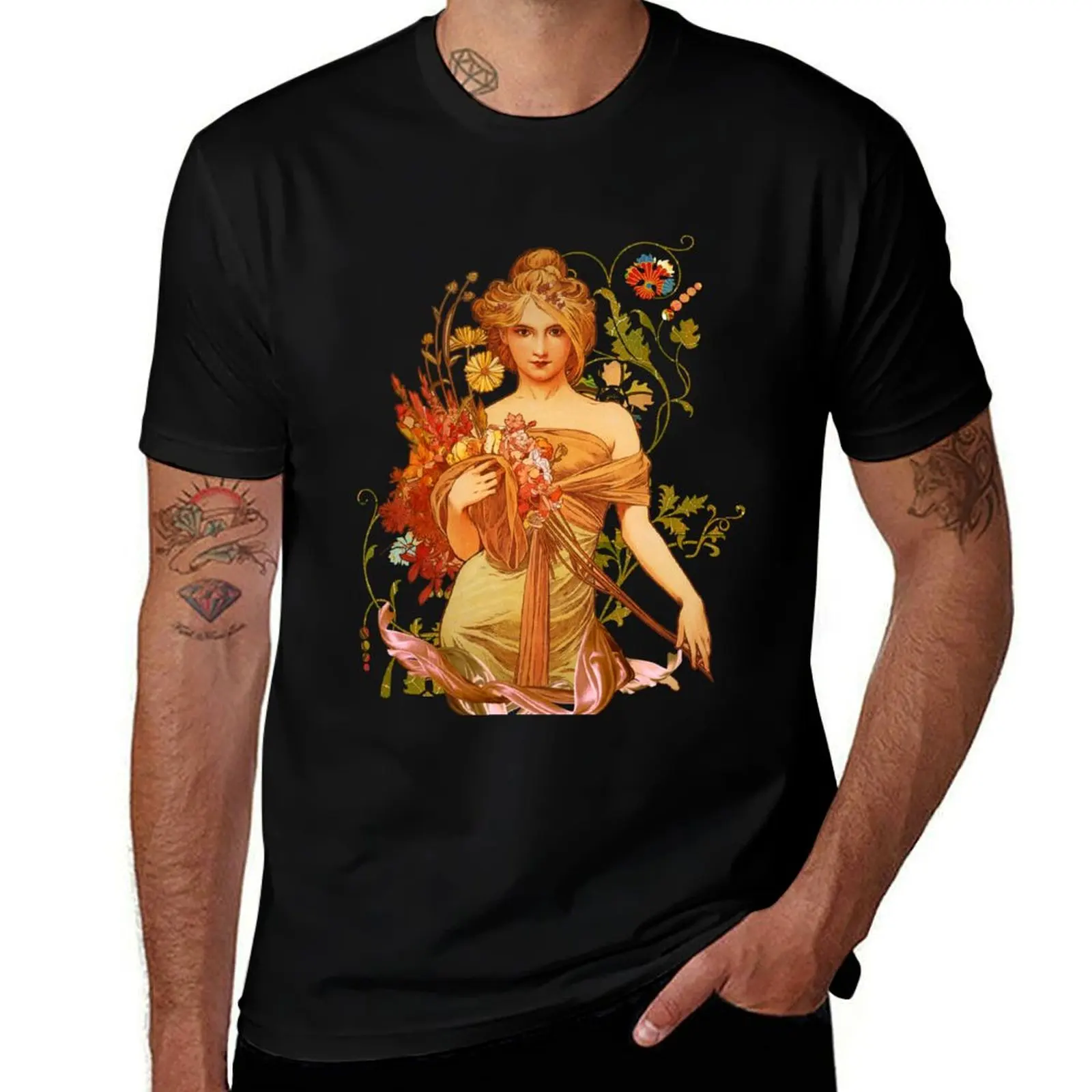 Mucha Floral T-Shirt Casual Lightweight Short Sleeve Top T-Shirt