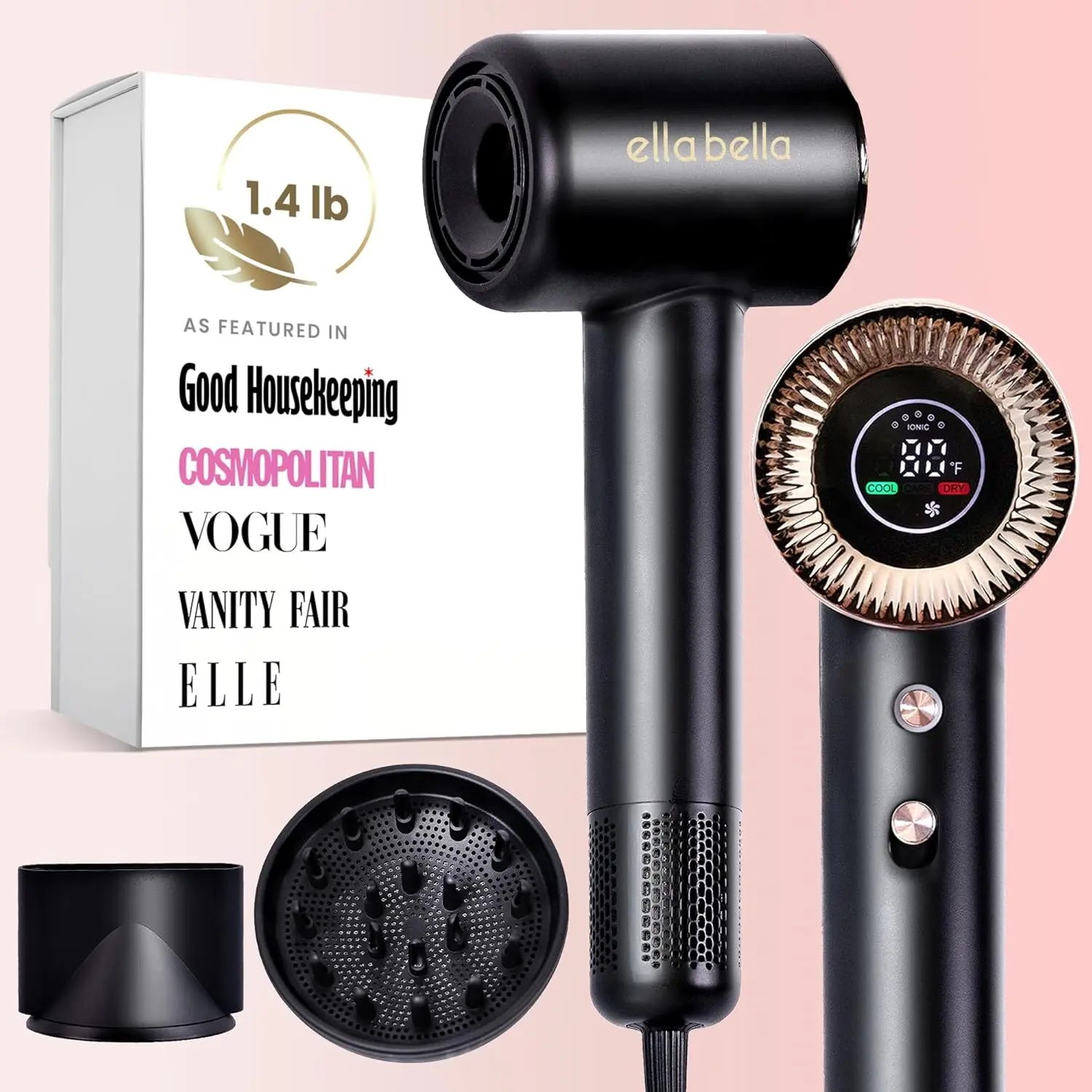 

Compact Plasma Hair Dryer with Digital Display, Rapid Drying, Low Noise, Includes Travel Bag & Attachments for All Hair Types