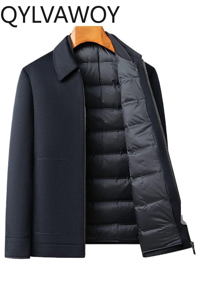 

QYLVAWOY 79% Wool Cashmere Jacket Men's Lapel Wool Outerwear Autumn Winter Middle-Aged Woolen Short-Style Coat Outerwear LJ2605